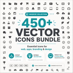 May include: A digital collection of over 450 black vector icons arranged on a white background. The central text reads MASSIVE COLLECTION 450+ VECTOR ICONS BUNDLE, with additional text detailing features like instant download and editable files.