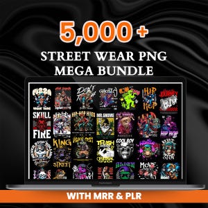 May include: A digital display on a laptop screen showcasing a collection of 5,000+ Street Wear PNG Mega Bundle graphic designs. The screen features various colorful illustrations including skulls, animals, and text-based urban art motifs.