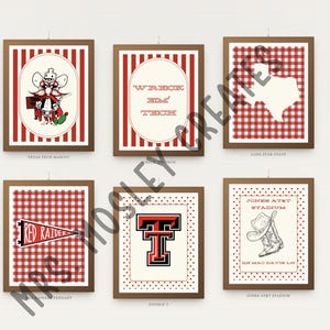 May include: A set of six framed wall art prints featuring red and white patterns including stripes, gingham, and polka dots. Designs include a mascot, the text WRECK EM TECH, a map of Texas, a Red Raiders pennant, a double T logo, and a cowboy boot.