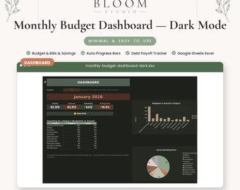 Monthly Budget Essentials Dashboard Dark Mode, Bills Savings Debt Tracker, Google Sheets Excel Template