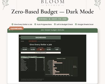 Zero-Based Budget Dark Mode, Monthly Budget Spreadsheet, Google Sheets Excel Template, Digital Download