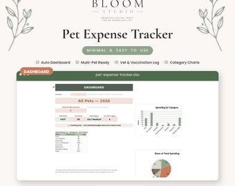 Pet Expense Tracker Spreadsheet, Multi-Pet Budget & Vet Log, Google Sheets Excel Template, Digital Download