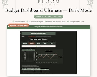 Ultimate Budget Dashboard Dark Mode, Annual Monthly Debt Net Worth Bill Tracker, Google Sheets Excel Template
