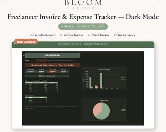 Freelancer Invoice & Expense Tracker Dark Mode, Auto Tax Estimator, Google Sheets Excel Template, Self Employed Digital Download