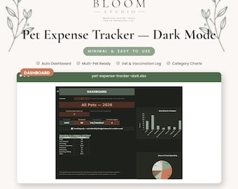 Pet Expense Tracker Dark Mode, Multi-Pet Budget & Vet Log, Google Sheets Excel Template, Digital Download