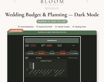 Wedding Budget Planner Spreadsheet Dark Mode, Guest List Vendor Tracker, Google Sheets Excel Template, Digital Download