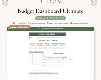 Ultimate Budget Dashboard Spreadsheet, Annual Monthly Bill Debt Net Worth Tracker, Google Sheets Excel Template, All In One Planner