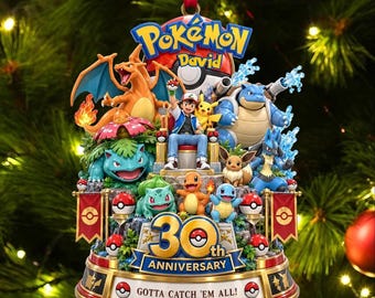 Personalized 2D Flat Acrylic Ornament Po ke 30th Anniversary 1996-2026, Cartoon Character Ornament, Gotta Catch Em All Fan Gift