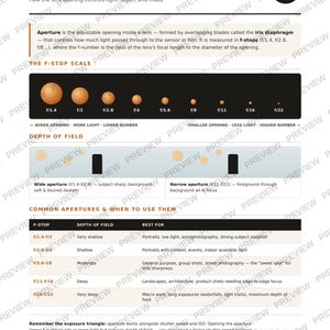May include: An educational infographic titled Photography Fundamentals Aperture explaining how lens openings control light and depth of field. It features an f-stop scale, diagrams showing wide versus narrow aperture effects, and a table of common settings.