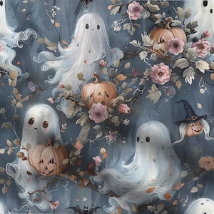 May include: A fabric pattern featuring white ghosts with black eyes, orange jack-o'-lantern pumpkins, and pink flowers on a dark blue background. The design includes small bats and branches, creating a repeating motif of ghosts and autumn harvest elements.