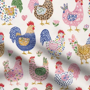May include: A white fabric featuring a repeating pattern of colorful roosters and hens in various styles, including leopard print, polka dots, and solid colors, interspersed with small pink hearts and simple floral illustrations.