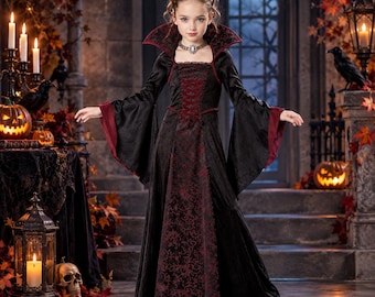 Girls Vampire Costume, Kids Gothic Halloween Dress, Dark Princess Costume, Girls Witch Dress, Gothic Party Outfit, Halloween Costume