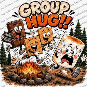 Könnte beinhalten: Eine Cartoon-Illustration mit dem Text GROUP HUG!! über einer Schokoladentafel, zwei Graham-Crackern und einem gerösteten Marshmallow mit Gesichtern und Gliedmaßen, die auf ein Lagerfeuer zulaufen, umgeben von Tannen und Felsen.