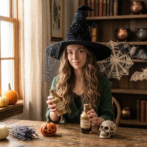 May include: A black velvet witch hat with a star pattern and a sheer veil, worn with a green long-sleeved top. Two glass bottles with labels reading Hand Calligraphy and Potion Potion are held, alongside a small orange pumpkin and a skull.