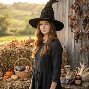May include: A black velvet pointed witch hat with a wide brim, worn with a long-sleeved black dress. The hat features a tall, slightly slumped crown and a structured brim, providing a classic silhouette for costume or decorative use.