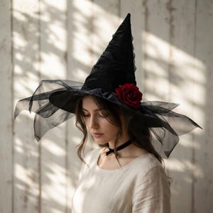 May include: A black pointed hat featuring a wide brim adorned with layers of sheer black tulle fabric and a single deep red rose attached to the side. The hat has a tall, structured conical crown and is worn with a thin black choker necklace.
