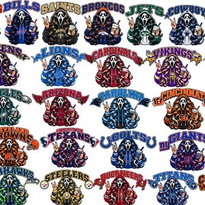 May include: A collection of thirty-two graphic illustrations featuring the Ghostface character wearing various NFL team hoodies and holding a beverage. Each figure displays a peace sign and is positioned beneath the respective team name in bold text.