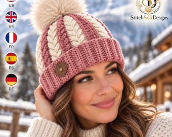 Crochet Cable Beanie Pattern PDF - Aurora Bloom Two Tone Winter Hat with Ribbed Brim and Ivory Pom Pom, Intermediate Adult Crochet Project
