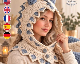 Dragon Hood Crochet Pattern PDF, Fantasy Horned Hood, Dragon Scale Cowl, Adult Cosplay Hood, Winter Crochet Costume