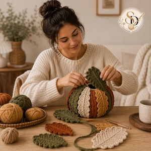 Female crochet artisan assembling the finished leaf panels into the dimensional pumpkin, arranging the green crown around the top by hand.