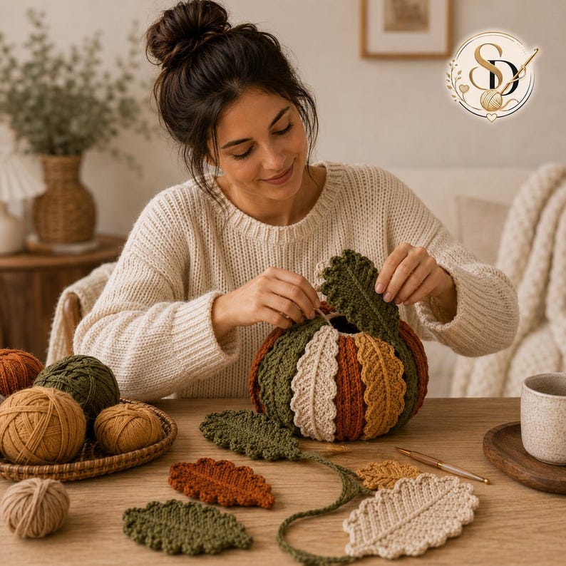 Female crochet artisan assembling the finished leaf panels into the dimensional pumpkin, arranging the green crown around the top by hand.