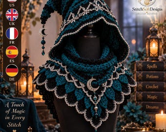 Gothic Hooded Cowl Crochet Pattern PDF, Moonveil Enchantress Witch Hood, Fantasy Pointed Hood, Celestial Wearable Crochet