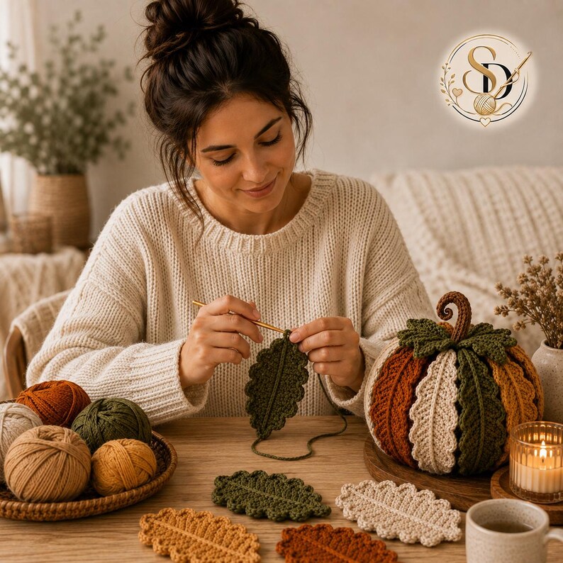 Female crochet artisan working on an olive green oak-leaf coaster, with matching finished leaves and the assembled crochet pumpkin displayed nearby.