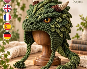 Crochet Dragon Hat Pattern, Adult Fantasy Dragon Hood with Horns and Scales, Digital Download