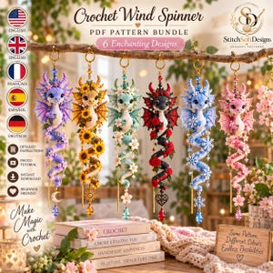 May include: A digital PDF pattern bundle for six crochet wind spinners featuring dragon designs. Each dragon is adorned with unique elements like flowers, snowflakes, moons, and hearts in purple, yellow, teal, red, blue, and pink colour schemes.