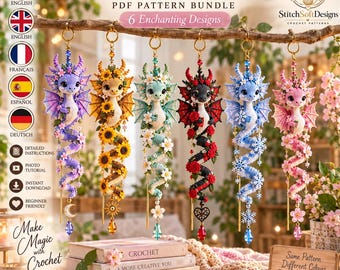 Dragon Crochet Wind Spinner Pattern PDF Bundle, Enchanted Dragon Garden Collection, 6 Spiral Hanging Designs, Digital Pattern