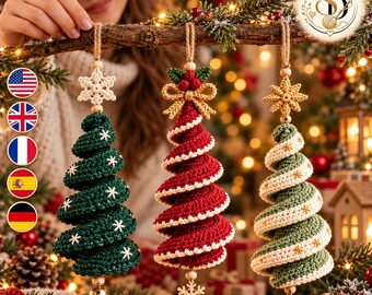 Crochet Christmas Tree Pattern PDF, Spiral Hanging Ornaments in Three Festive Colors, DIY Christmas Decor and Handmade Holiday Gifts