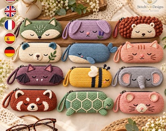 Crochet Glasses Case Pattern PDF, 12 Sleepy Animal Eyeglass Holders, Zippered Sunglasses Pouch Bundle, Crochet Accessory Pattern