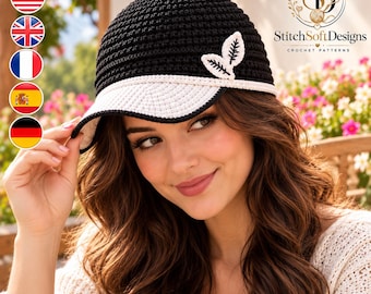 Crochet Baseball Cap Pattern PDF, Moonleaf Visor Hat with Leaf Appliqué, Adult Crochet Cap, Structured Brim Digital Download Pattern