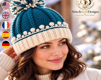 Crochet Beanie Pattern PDF, Textured Winter Hat with Ribbed Brim, Bobble Band, Raised Ridges and Pom Pom, Adult Digital Pattern