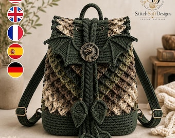 Dragon Scale Crochet Backpack Pattern PDF, Woodland Rucksack with Layered Scales, Dragon Wing Flap and Drawstring Closure