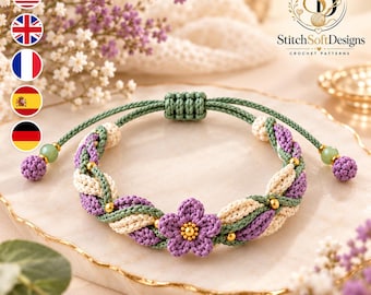 Crochet Flower Bracelet Pattern PDF, Braided Lavender Vine Jewelry, Adjustable Crochet Bracelet Tutorial, Digital Pattern Download