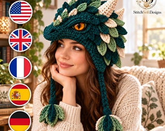 Dragon Hat Crochet Pattern PDF, Emerald Adult Dragon Helmet with Horns, Layered Scales, Earflaps and Braided Tassel Ties