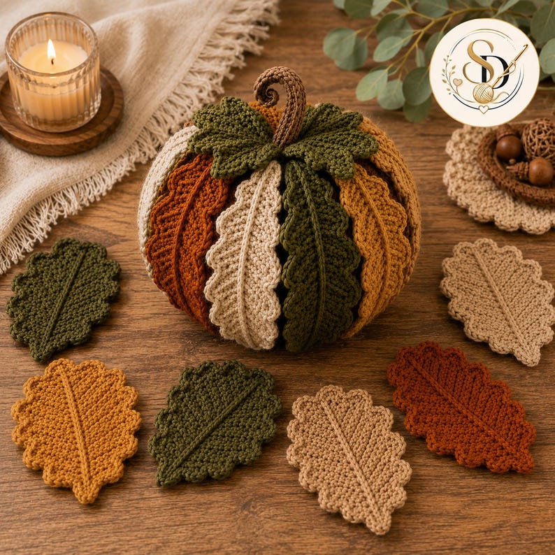 Overhead view of the crochet pumpkin coaster set with the assembled woodland pumpkin and separate textured leaf coasters arranged across a wooden table.