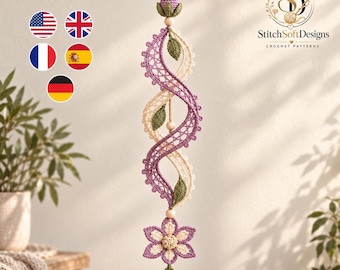 Crochet Wind Spinner Pattern PDF, Lavender Botanical Double-Helix Hanging Decoration, Floral Garden Ornament, Digital Download