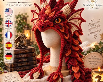 Dragon Hood Crochet Pattern PDF, Emberwing Fantasy Dragon Hat, Horned Cosplay Headwear, Medieval Costume Crochet Digital Pattern
