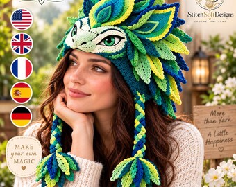 Dragon Hat Crochet Pattern PDF, Adult Fantasy Earflap Beanie with Layered Leaf Scales, Dragon Face, Braids and Tassel Ends