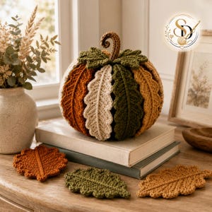 Woodland crochet pumpkin styled on stacked books beside a window, with rust, olive and camel leaf coasters arranged on the wooden surface.