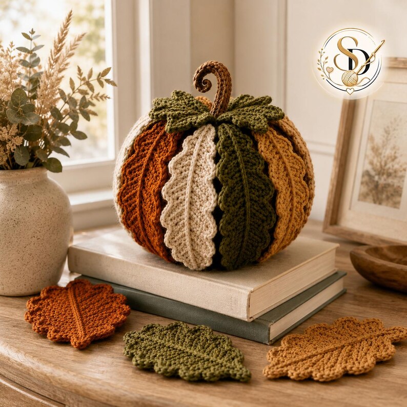 Woodland crochet pumpkin styled on stacked books beside a window, with rust, olive and camel leaf coasters arranged on the wooden surface.