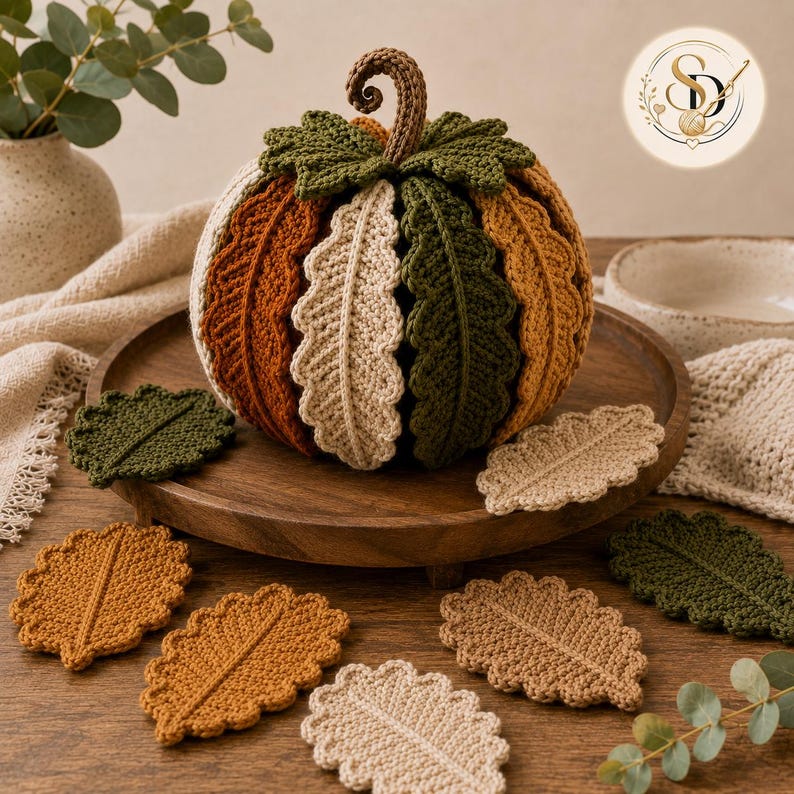 Dimensional crochet pumpkin centered on a raised wooden tray, surrounded by individual oak-leaf coasters in olive, cream, camel and rust.