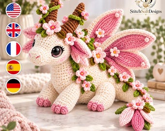 Dragon Crochet Pattern PDF, Floral Amigurumi Dragon with Pink Wings, Blossomwing Cherry Blossom Fantasy Plush, Digital Pattern