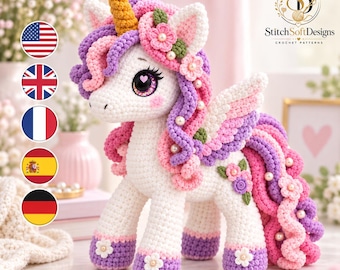 Unicorn Crochet Pattern PDF, Winged Floral Amigurumi Plush, Chenille Yarn Pegasus with Curly Mane, US Terms Digital Download