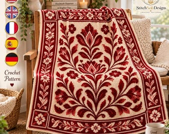Floral Crochet Blanket Pattern PDF, Crimson Folk Garden Throw, Botanical Appliqué Afghan, Heirloom Home Decor Digital Pattern
