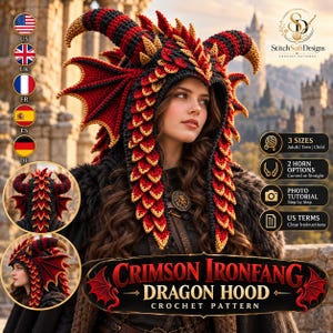 May include: A crochet dragon hood featuring a black, red, and gold scale pattern with two large curved horns and side wings. The text reads Crimson Ironfang Dragon Hood Crochet Pattern, StitchSoft Designs, 3 Sizes, 2 Horn Options, and Photo Tutorial.