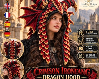 Dragon Hood Crochet Pattern PDF, Fantasy Dragon Hat with Horns Wings and Scales, Adult Teen Child Cosplay Costume, Instant Download