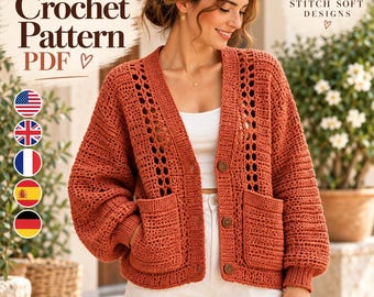 Crochet Cardigan Pattern PDF, Oversized Lace Cardigan with Balloon Sleeves and Pockets, Women's Sweater